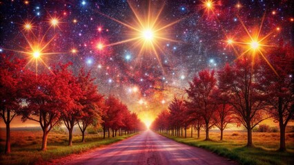 Fototapeta premium A long and winding road surrounded by red trees leads to a bright light in the distance. The sky is dark and filled with stars.