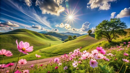 Obraz premium The image is a beautiful landscape of a valley with a winding road, green hills, and a blue sky. The valley is filled with pink flowers. The image is very peaceful and serene.