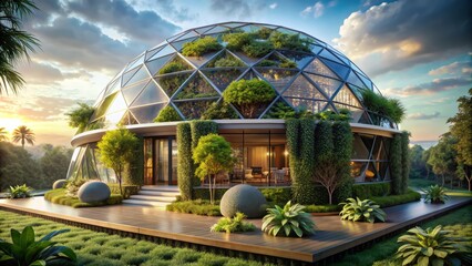 The image is of a futuristic house. It has a geodesic dome for the roof and lots of plants growing inside. The house is made of glass and metal. It has a modern look and is surrounded by greenery.