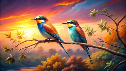  This is an image of two birds sitting on a branch. The sky is a bright orange and yellow color, and the trees are green and yellow. The birds are blue, green, and orange.