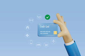 Fototapeta premium Credit card shopping with secure financial system. Hand holding credit card with financial expense icons. Money spending, online shopping with protection. 3D vector.