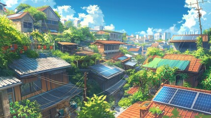 an asian village with solar panels on rooftops