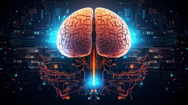 Abstract concept of a brain merging with a computer circuit, creative thinking, humanmachine synergy