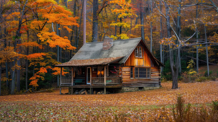 Cozy Rustic Cabin in Autumn Forest with Vibrant Fall Foliage and Tranquil Atmosphere