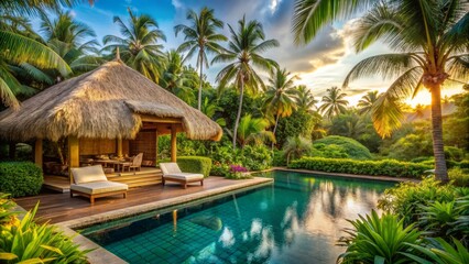 Fototapeta premium Crystal-clear water invites guests to relax in a luxurious resort pool, swaying palm trees lining the beachfront
