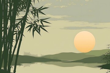 A minimalist portrayal of a tranquil morning in a bamboo grove