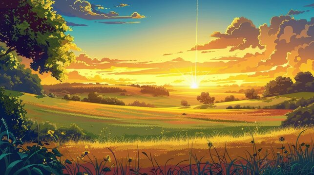 Scenic sunset over rolling hills and fields, digital art illustration. Concepts. nature, landscape, countryside, evening, idyllic