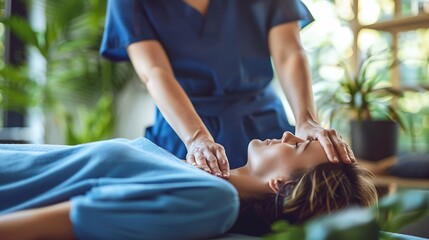 A Modern rehabilitation physiotherapy woman worker with woman client, manual therapy