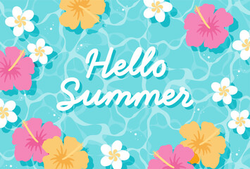 summer vector background with hibiscus and plumeria flowers floating in water for banners, cards, flyers, social media wallpapers, etc.