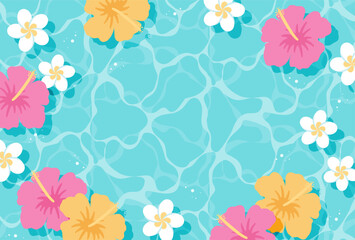 summer vector background with hibiscus and plumeria flowers floating in water for banners, cards, flyers, social media wallpapers, etc.