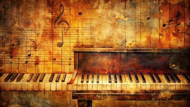  This is an image of a piano with musical notes in the background.