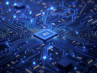 A close-up view of a blue circuit board featuring an AI chip at its center, illuminated with glowing lights, representing advanced technology.