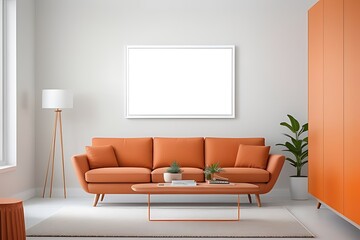 A mockup white background frame in a clean orange living room on the wall.