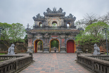 Hue, Vietnam - 6 Feb, 2024: Gate at the entrance to the Imperial Citadel, Hue
