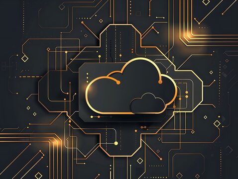 Black background with 3 large light clouds and 3D chips floating in the middle. Surrounded by lines and points The common area has an open square geometric pattern. Golden tones add depth to the