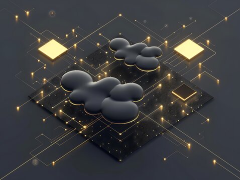 Black background with 3 large light clouds and 3D chips floating in the middle. Surrounded by lines and points The common area has an open square geometric pattern. Golden tones add depth to the