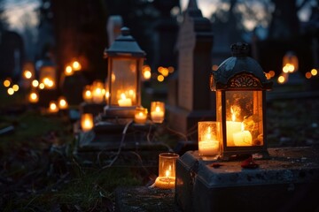Lanterns and candles illuminating a cemetery at dusk during all saints day