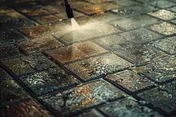 Naklejka premium Cleaning Brick Patio with Pressure Washer