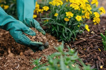 Fototapeta premium Hands in Green Gloves Mulching a Flower Bed