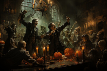 Fototapeta premium Classic Halloween Monsters Dancing in a Spooky, and Decorated Ballroom 