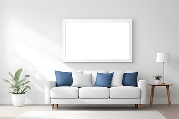 Mockup white background frame in a clean blue living room on the wall.