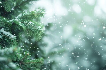 Winter background, close up of frosted pine branch on a snowing day with