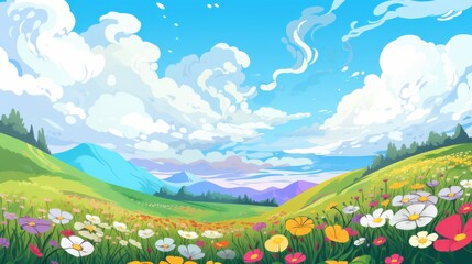  Idyllic Summer Landscape. Rolling Green Hills, Vibrant Wildflowers, and a Blue Sky with Fluffy Clouds. Perfect for nature, travel, and spring themes.