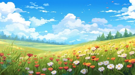 Fototapeta premium Scenic landscape of a wildflower meadow, rolling hills, lush green grass, and blue sky. Concept of spring, summer, nature, and tranquility.