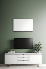 A mockup white background frame in a clean dark green living room on the wall.