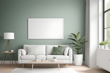 A mockup white frame in a light green living room on the wall.