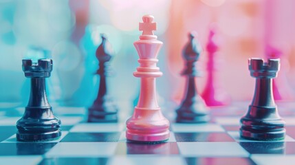 A symbolic image of a chessboard with strategic pieces aligned for victory, representing business acumen and the pursuit of superiority in competitive markets.