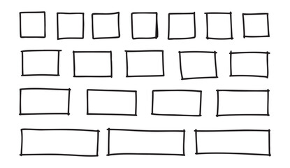 Free outline hand drawn vector squares, rectangles different sizes. Scribble rectangular frames set. Freehand square borders. Text highlight underline. 