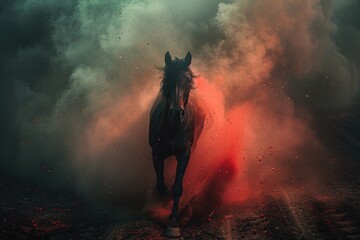 Horse running in field of red smoke