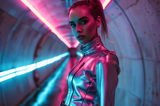 Close-up portrait of young woman wearing sleek, metallic space-age costume posing in a futuristic setting with neon lights and high-tech. Concept of youth, beauty, fashion and modern lifestyle