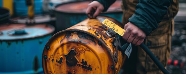 Fototapeta premium Close-up of Hands Holding Small Fuel Barrel with Price Tag Showing High Cost, Energy Consumption Concept