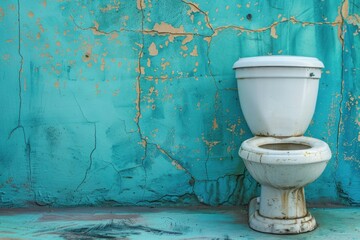 Old, dirty toilet standing in front of a turquoise wall with peeling paint