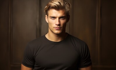 Fototapeta premium Young man with blonde hair in black t-shirt stands indoors against wooden background