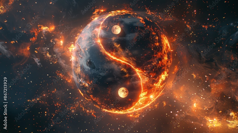 Wall mural yin yang symbol with abstract light and fire particles, stars and universe backdrop, dynamic and cos