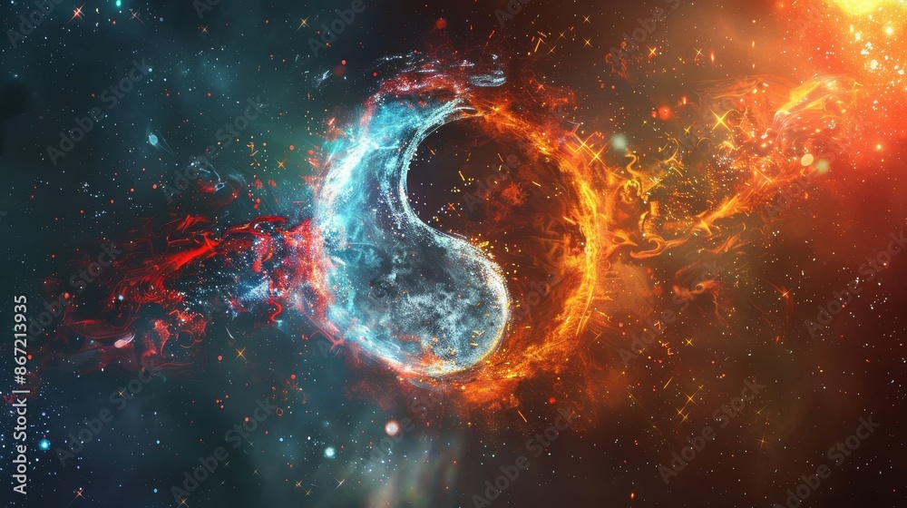 Wall mural yin yang symbol with abstract light and fire particles, stars and universe backdrop, dynamic and cos