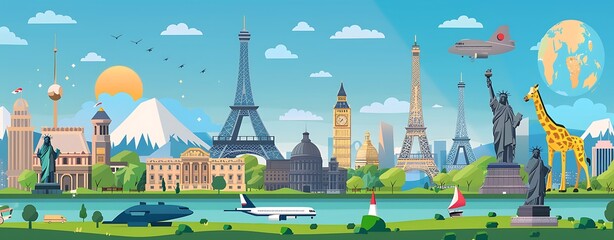 Create a professional poster for children with a theme of world landmarks