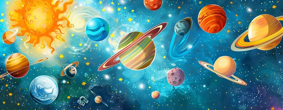 Create a colorful learning poster for kids with a theme of outer space and planets