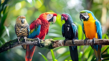 Obraz premium Wall poster of 4 macaws perched on a branch in various colors giving a natural feel. that exhibits various types of wild animals.