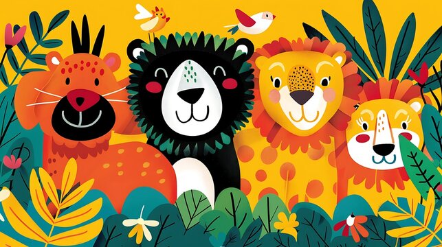 Design a colorful poster for kids with a theme of jungle animals