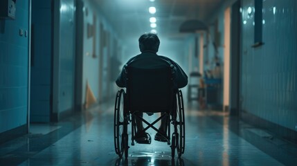 Person in wheelchair in hospital corridor