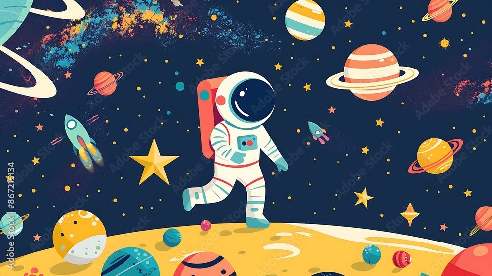 Wall mural design a colorful learning poster for kids with a theme of outer space and astronauts