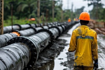 Technician inspecting pipeline junction amidst fuel crisis