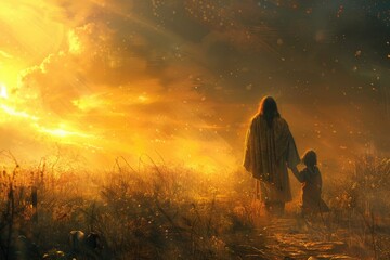 Fototapeta premium Sunset walk with a child