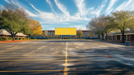 Back to School - Empty Banner on School Parking Lot, Student Drop-off Area, Educational Institution, Morning Routine