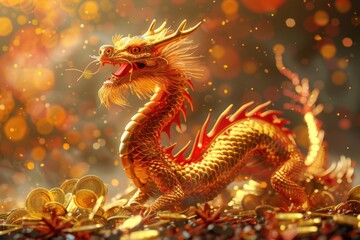 Fototapeta premium A close-up image of a red and gold dragons head with glittering beads floating around it.