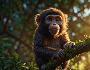 Fototapeta premium Cute baby macaque sitting on a tree branch